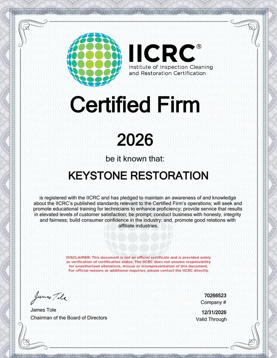 IICRC Certified Firm certificate for Keystone Restoration, Company #70266523, valid through 2026